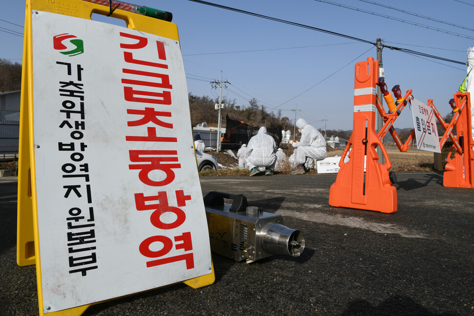 충남 홍성군이 철새도래지와 이어진 서부면 도로에서 방역하고 있다. 홍성군 제공