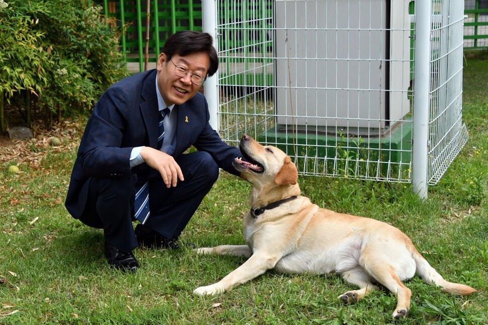 성남시장 재직 시절, 행복이와 포즈를 취한 이재명 경기도지사. 성남시 제공