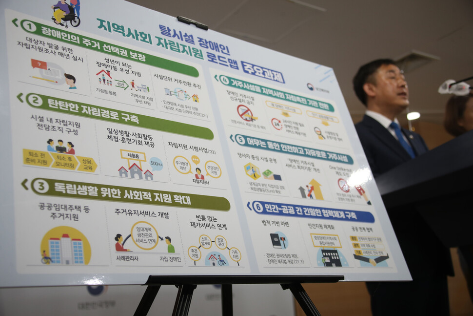 양성일 보건복지부 1차관이 2일 정부서울청사 브리핑실에서 ‘탈시설 장애인 지역사회 자립지원 로드맵’과 ‘장애인 권리보장법’ 제정 추진 계획 등을 설명하고 있다. 연합뉴스