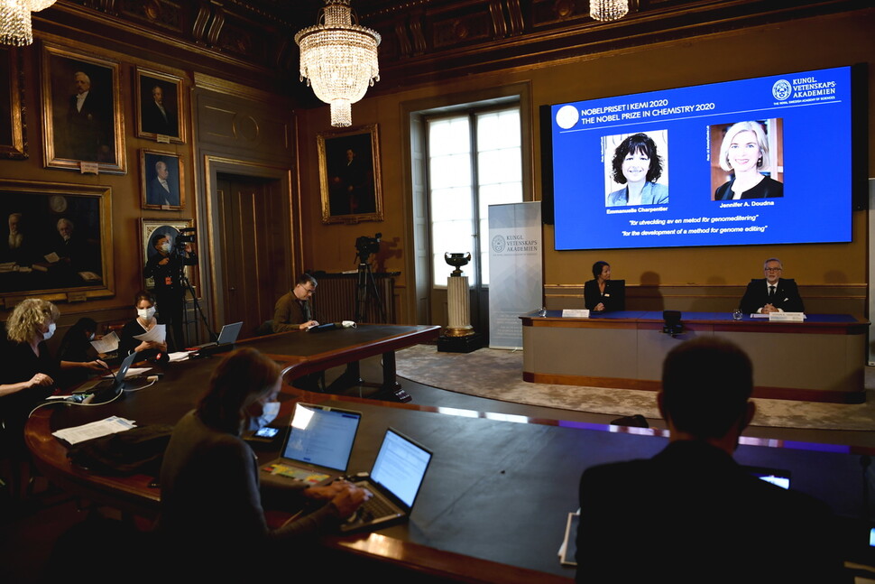 스웨덴 왕립과학원 노벨위원회가 지난해 10월7일(현지시각) 스톡홀름에서 2020년 노벨화학상 수상자를 발표하고 있다. 스크린에는 공동 수상자인 프랑스의 에마뉘엘 샤르팡티에(왼쪽)와 미국의 제니퍼 A.다우드나(오른쪽)의 얼굴이 비친다. 연합뉴스