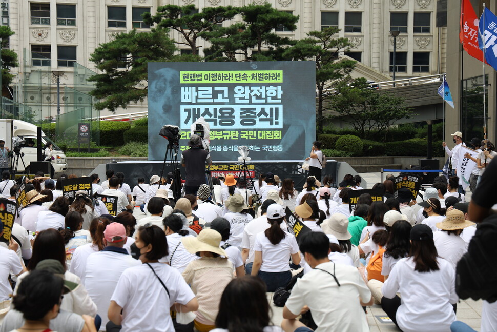 초복인 지난 16일 서울 용산역 광장에서 국내 31개 동물단체가 연합한 ‘개 식용 종식 촉구 국민행동’이 국민 대집회를 열었다. 국민행동 제