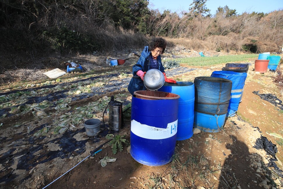 지난 17일 전남 완도 소안도 한 주민이 가뭄에 말라버린 배추밭에서 대형 물통에 물을 옮기고 있다. 남부지방의 극심한 가뭄으로 현재 소안도에서는 일주일 중 이틀 제한 급수가 이뤄지고 있다. 박종식 기자