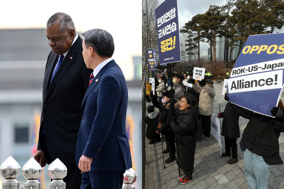 방한 중인 로이드 오스틴 미국 국방부 장관과 이종섭 국방부 장관이 31일 오후 용산 국방부 청사에서 의장대 사열을 한 뒤 회담장으로 이동하며 대화하고 있다.(왼쪽 사진) 같은 날 오전 평화와통일을여는사람들 회원들이 한미 국방장관 회담에 앞서 서울 용산구 전쟁기념관 앞에서 확장억제 정책 폐기와 한미일/한일 군사동맹 구축 중단을 촉구하고 있다. 사진공동취재단, 강창광 선임기자 chang@hani.co.kr