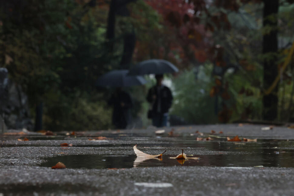 전국에 비가 내린 16일 낮 서울 성북구 고려대학교 서울캠퍼스에서 우산을 쓴 학생들이 지나가고 있다. 김혜윤 기자
