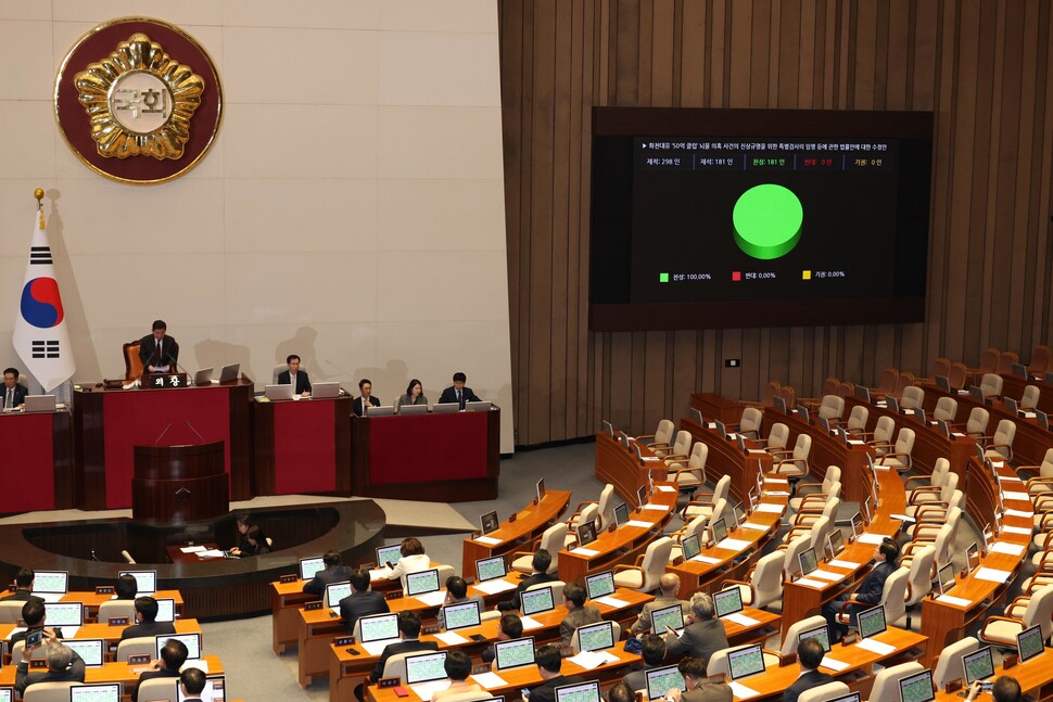 28일 국회 본회의에서 국민의힘이 퇴장한 가운데 ‘대장동 50억 클럽 특검법’이 통과되고 있다. 강창광 선임기자 chang@hani.co.kr