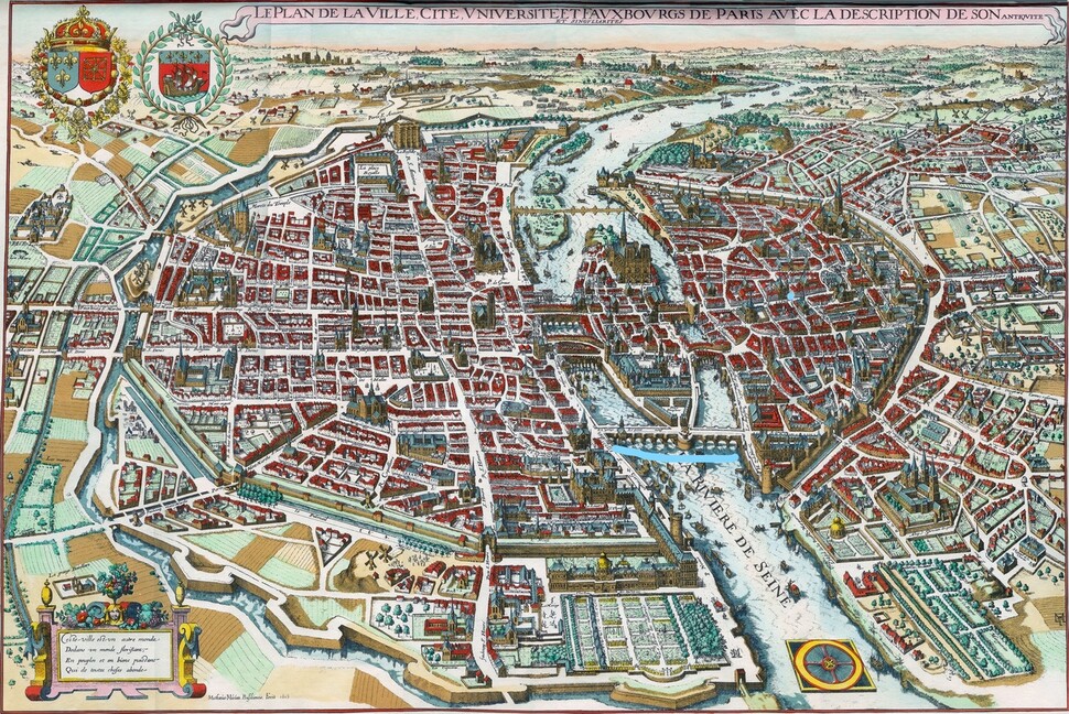 스위스의 지도 제작자인 마테우스 메리안이 1615년에 판화로 만든 파리 지도(메리안 지도). 밑줄 친 부분이 불과 몇년 전에 만든 퐁 뇌프 다리. 다리 뒤쪽 시테섬에 노트르담 대성당의 모습이 보인다. 위키피디아