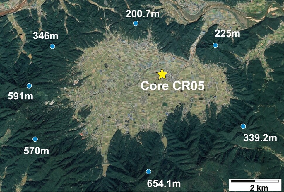 적중-초계분지의 지형도. 별표는 시추 코어 채취 장소. 한국지질자원연구원 제공