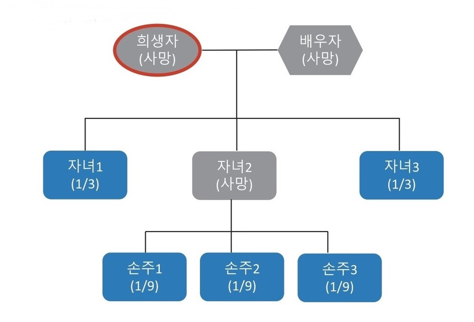 자녀와 손주가 청구권이 있는 경우를 보여주는 가계도(예시). 제주도 제공