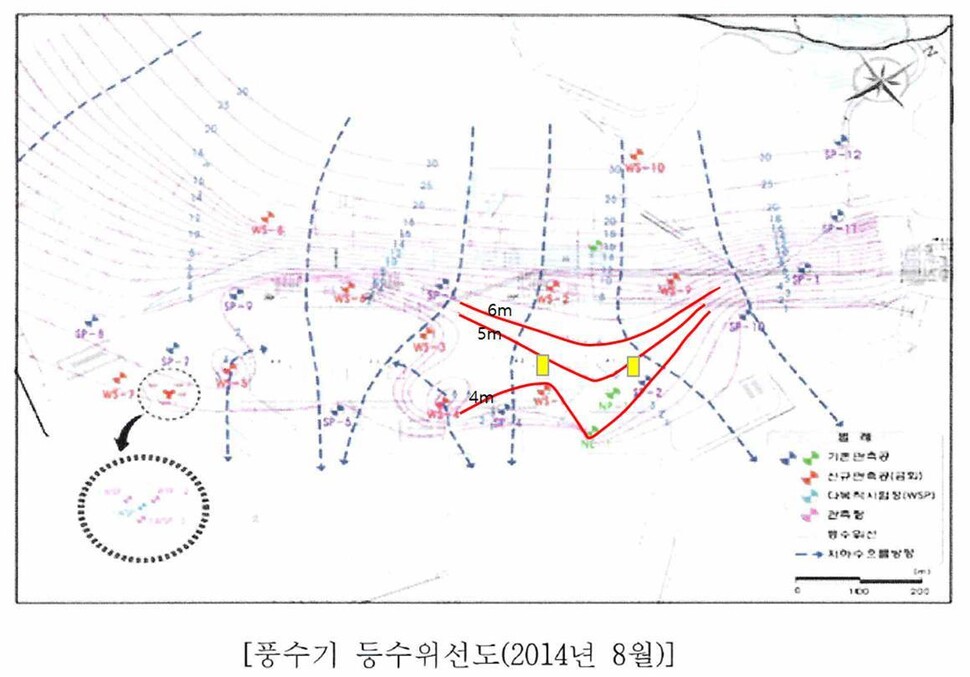 자료:한수원 풍수기 등수위선도. 오른쪽에 노랗게 표시한 직사각형이 월성 1호기 사용후핵연료 저장조다. 왼쪽은 2호기 저장조다.