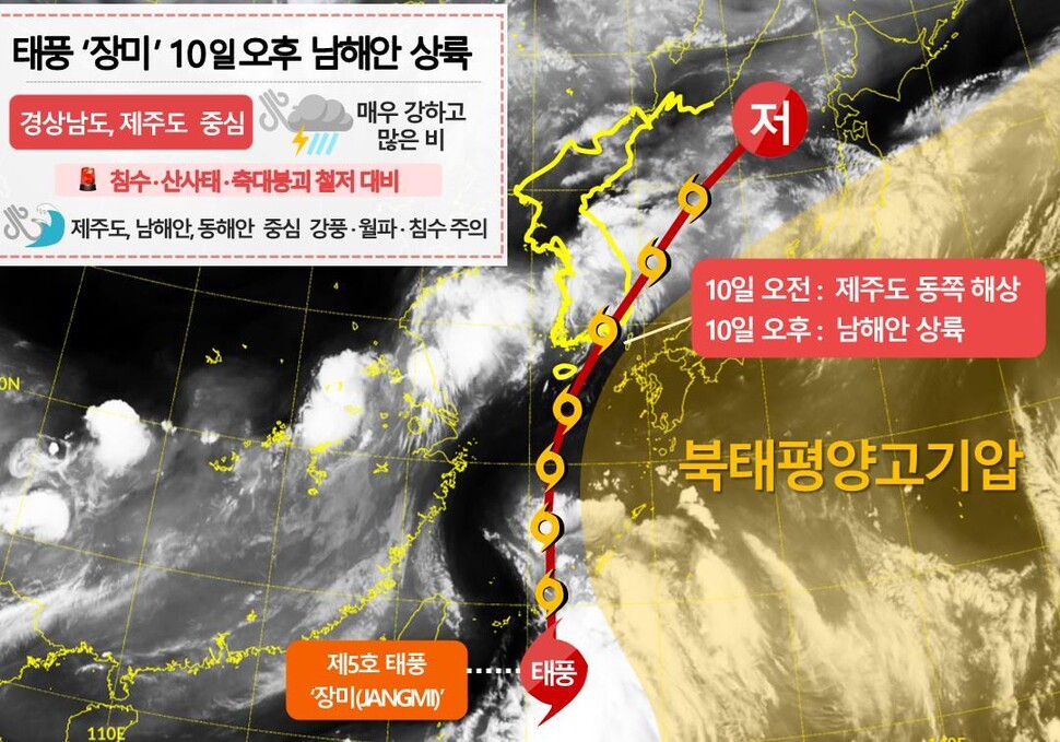 제5호 태풍 ‘장미’의 예상경로와 우리나라 주변 예상 기압계 모식도. 기상청 제공