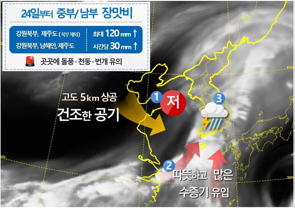 24일 밤 우리나라 주변 예상 구름과 기압계 모식도. 기상청 제공