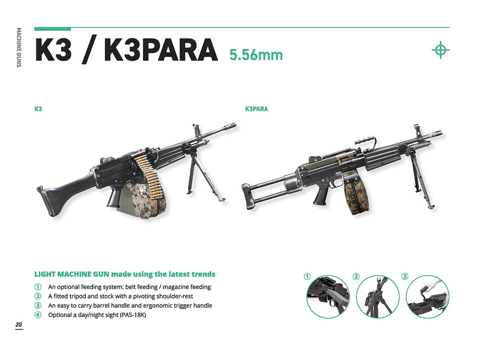 5.56mm 총알을 사용하는 K3 기관총. SNT모티브 누리집