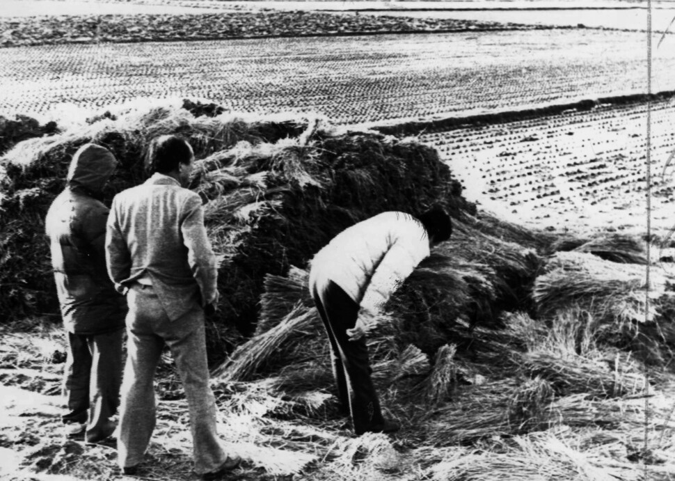 1987년 1월 ‘이춘재 연쇄살인 사건’이 일어난 사건 현장에서 경찰관들이 감식과 수색 작업을 하는 모습. 연합뉴스