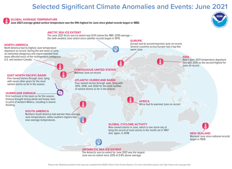 올해 6월 세계에서 발생한 이상 기상현상들. 미국 국립해양대기청(NOAA) 제공