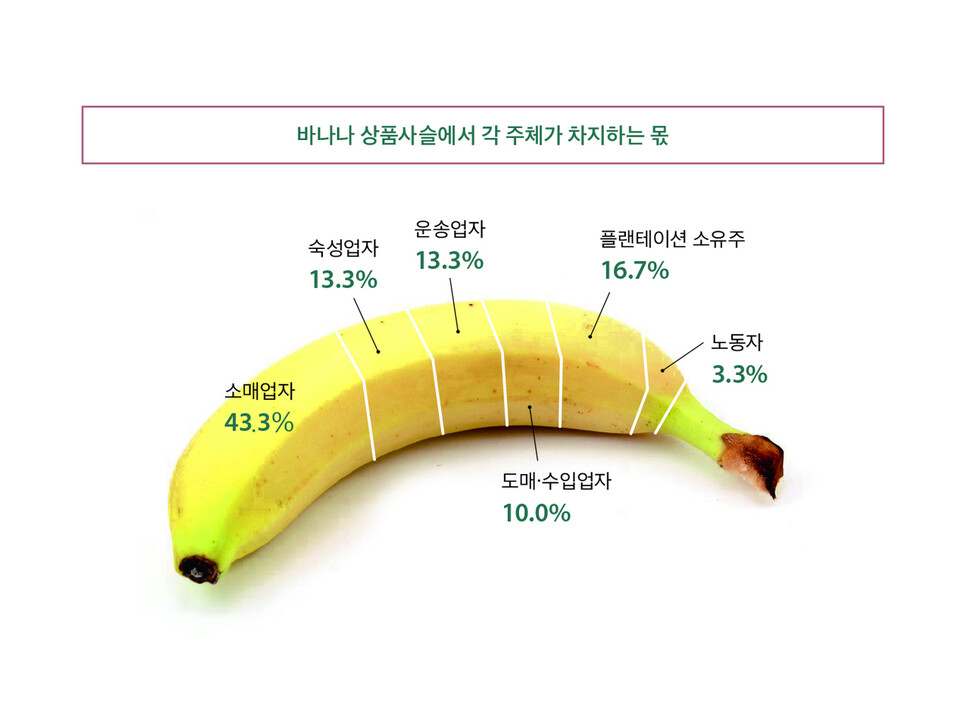 바나나 한 개의 소매가에서 각 주체가 차지하는 몫을 수치로 나타낸 그림. 노동자의 몫이 가장 작다. 따비 제공