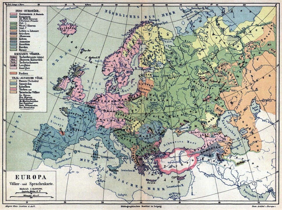 1890년 〈Meyers Lexikon〉 백과사전의 유럽 언어지도. 위키미디어 코먼스