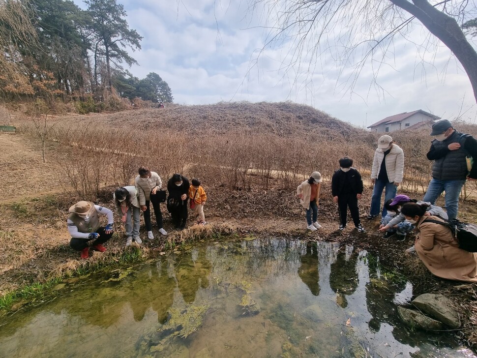 청주시민들이 지난 12일 산남생태공원에서 개구리·두꺼비 등 양서류 산란 상황을 살피고 있다. 청주시 제공