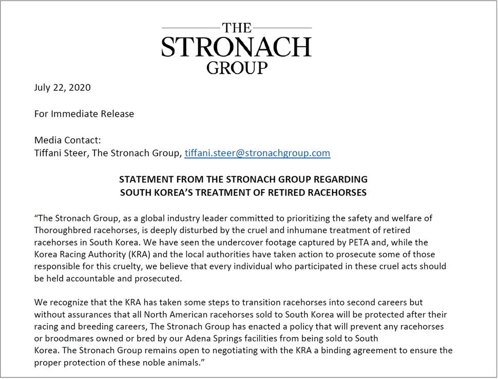 캐나다 경주마 수출기업인 스트로나흐 그룹이 지난달 22일 페타에 보낸 입장문.