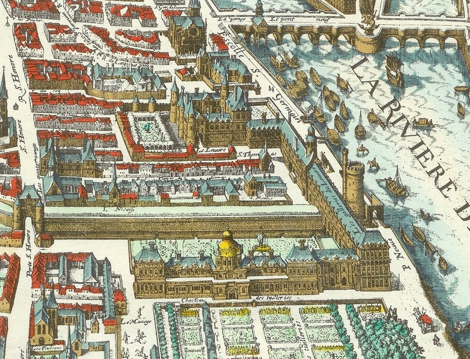 스위스의 지도 제작자인 마테우스 메리안이 1615년에 판화로 만든 파리 지도(메리안 지도)의 일부. 앞쪽 튈르리 정원과 튈르리궁 뒤편에 루브르궁이 보인다. 위키피디아