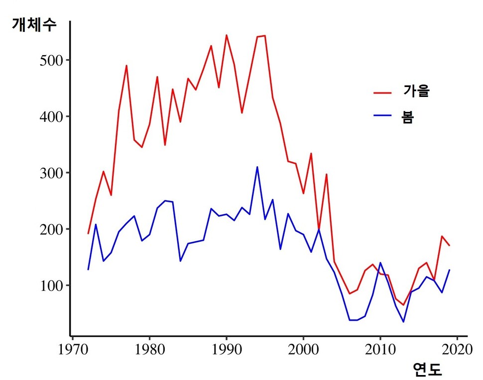 악마 구멍 퍼프피시의 개체수 변화. 1990년대 이후 감소세를 겪고 있다. 데이비스 티안 외 (2022) ‘왕립학회보 비’ 제공.