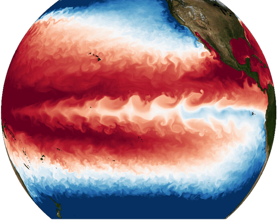 전례 없는 공간 해상도의 대기-해양 결합 모델에서 시뮬레이션된 해수면 온도. 적도 태평양에서 보이는 물결 모양 구조의 차가운 해수 흐름이 열대 불안정파를 나타낸다. 기초과학연구원 제공