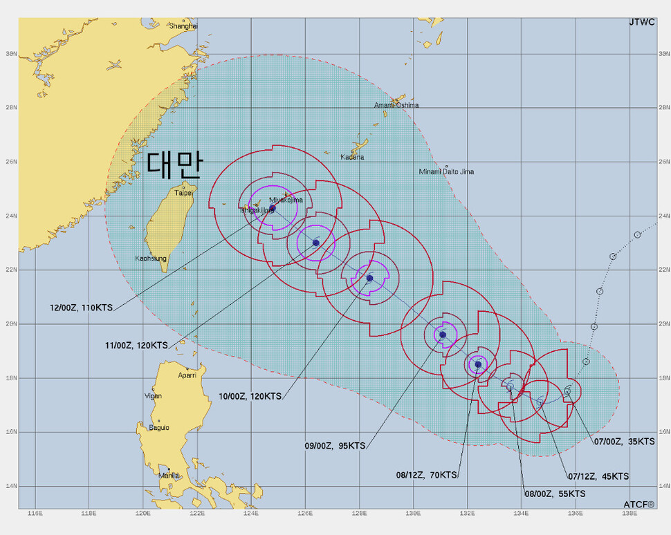 미국 합동태풍경보센터(JTCW)의 열대저압부 예상경로. JTWC 누리집 갈무리 ※ 이미지를 누르면 크게 볼 수 있습니다.