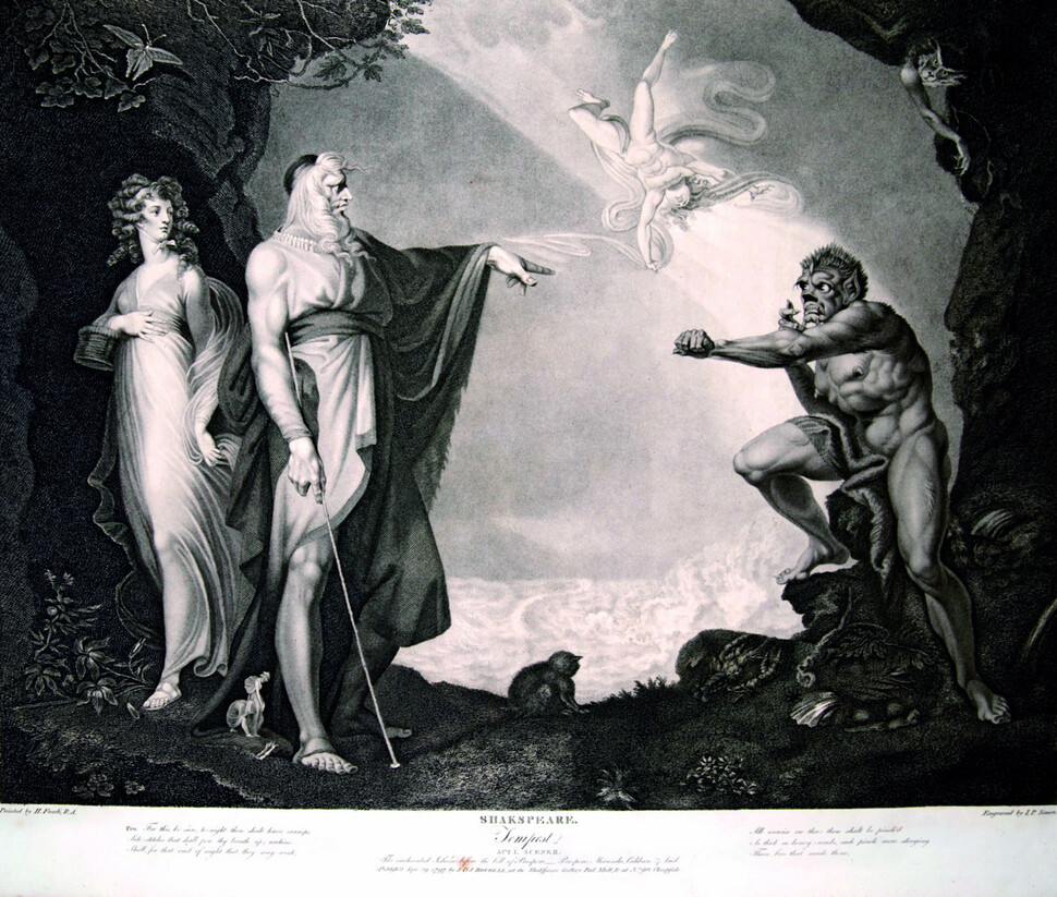 셰익스피어의 작품 ‘태풍’을 표현한 그림 <프로스페로 암자 앞의 마법의 섬>을 바탕으로 만든 동판화. 1786년. 한길사 제공