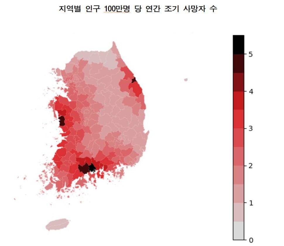 클라이밋 애널리틱스 보고서의 ‘인구 100만명당 조기 사망자 분포도’. 국내에서 가동 중이거나 건설 중인 모든 석탄화력발전소의 대기오염물질 배출총량을 기준으로 모든 발전소가 동시에 가동된다고 가정한 가상의 사례를 기준으로 모델링한 결과임.