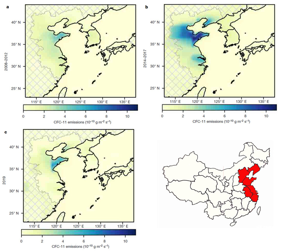 박선영 경북대 교수 연구팀 등 국제공동연구팀은 중국 동부 지역(중국 지도 빨간색)의 프레온가스 배출량을 추적해오고 있다. 2014∼2017년 급증했던 프레온가스 배출(b)이 2019년(c)에는 2008∼2012년(a) 수준으로 되돌아간 것으로 관측됐다. ‘네이처’ 제공