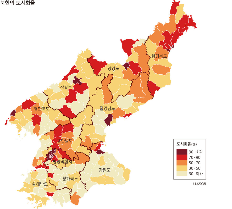 북한 도시화율. 자료 대한민국 국가지도집