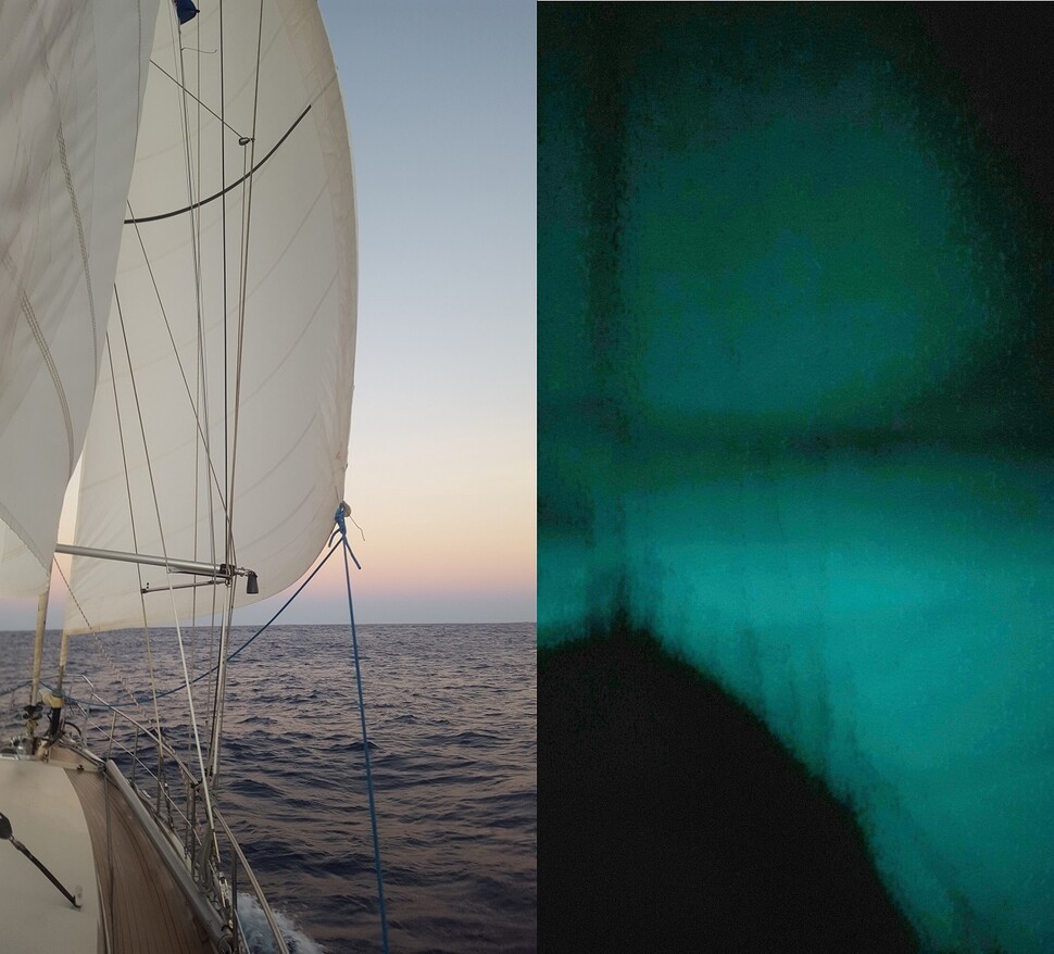 요트 가네샤 호의 평상시 모습(왼쪽)과 우유 바다에 들어갔을 때 찍은 모습의 비교. 바다 표면에서 은은하게 비치는 밝은 빛이 돛에도 어려 있다. 나오미 맥키넌 제공.
