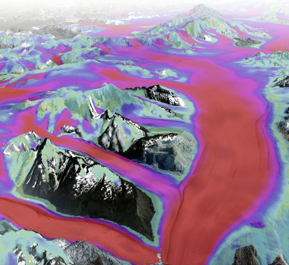 파타고니아의 웁살라빙하의 움직임을 디지털 재구성한 영상. 진한 빨간색과 보라색은 빙하가 연간 최대 1.6㎞의 속도로 빠르게 움직이는 곳을 나타낸다. 다트머스대 제공