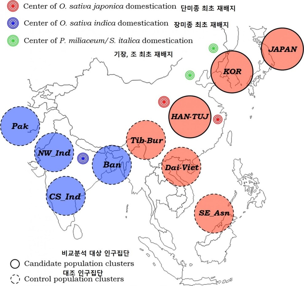 쌀 재배 기원지와 조사 대상 인구집단 위치. 란디니 외 (2020) ‘진화 응용’ 제공