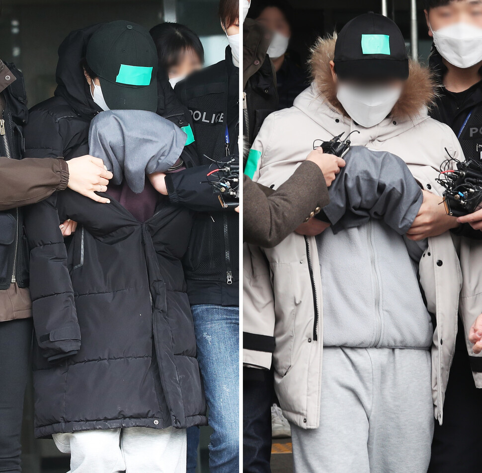 열 살 조카를 학대해 숨지게 한 이모(왼쪽)와 이모부가 지난 2월10일 오후 구속 전 피의자 심문(영장실질심사)에 출석하기 위해 경기도 용인동부경찰서에서 나오고 있다. 열 살 조카를 학대해 숨지게 한 이모(왼쪽)와 이모부가 지난 2월10일 오후 구속 전 피의자 심문(영장실질심사)에 출석하기 위해 경기도 용인동부경찰서에서 나오고 있다.