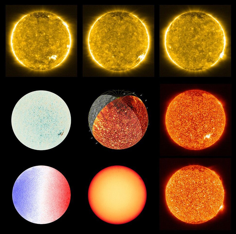 솔라 오비터의 여러 장비들로 찍은 태양. 각기 태양 대기의 다른 층을 촬영한 것이다. 유럽우주국 제공