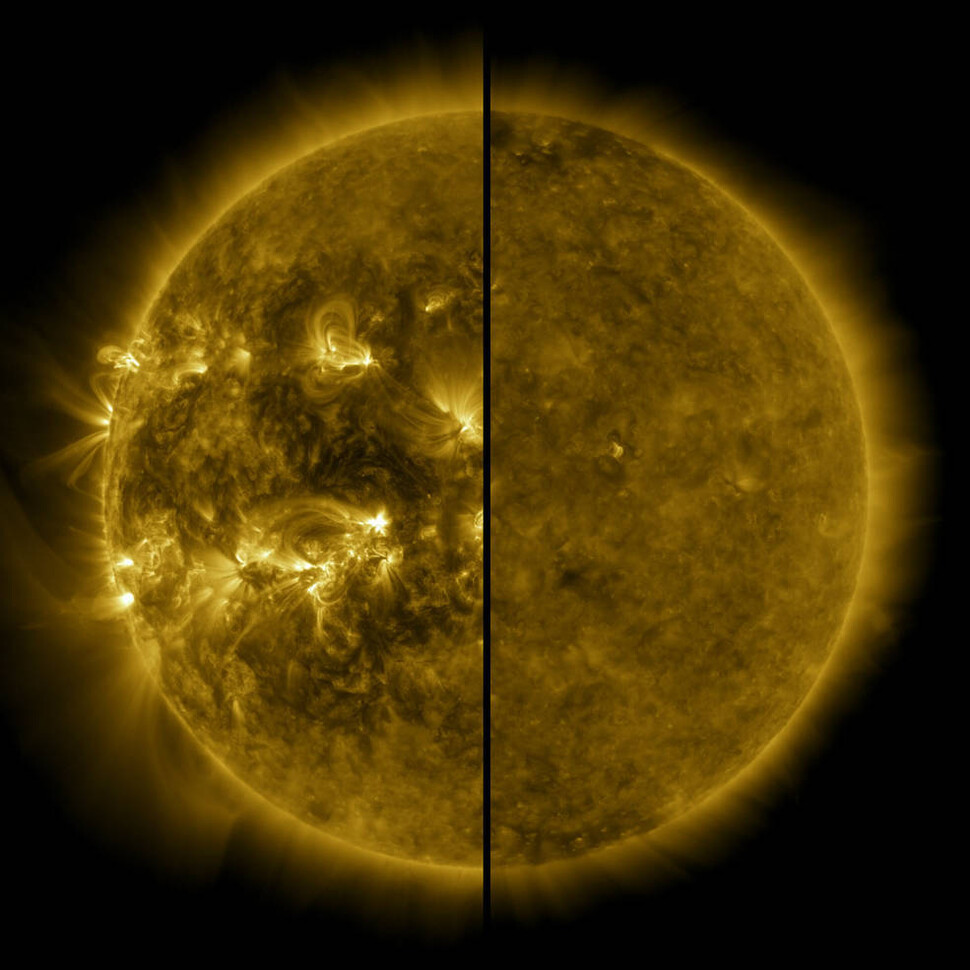 태양 극대기와 극소기의 차이. 왼쪽은 극대기(2014년 4월), 오른쪽은 극소기(2019년 12월) 때의 태양 모습. 나사 제공