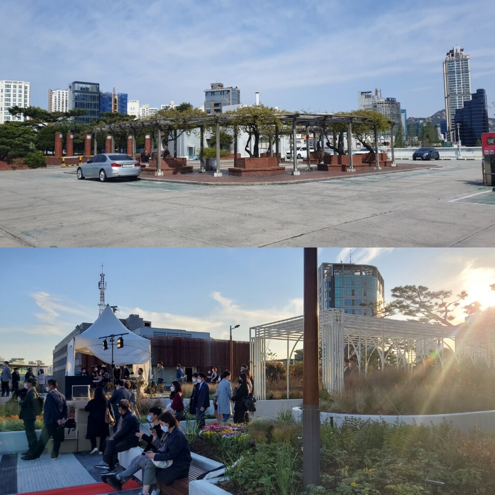 지난해 서울역 롯데마트 옥상에 녹지공간이 조성됐다. 조성 전(위)과 조성 후(아래) 모습. 서울시 제공 지난해 서울역 롯데마트 옥상에 녹지공간이 조성됐다. 조성 전(위)과 조성 후(아래) 모습. 서울시 제공