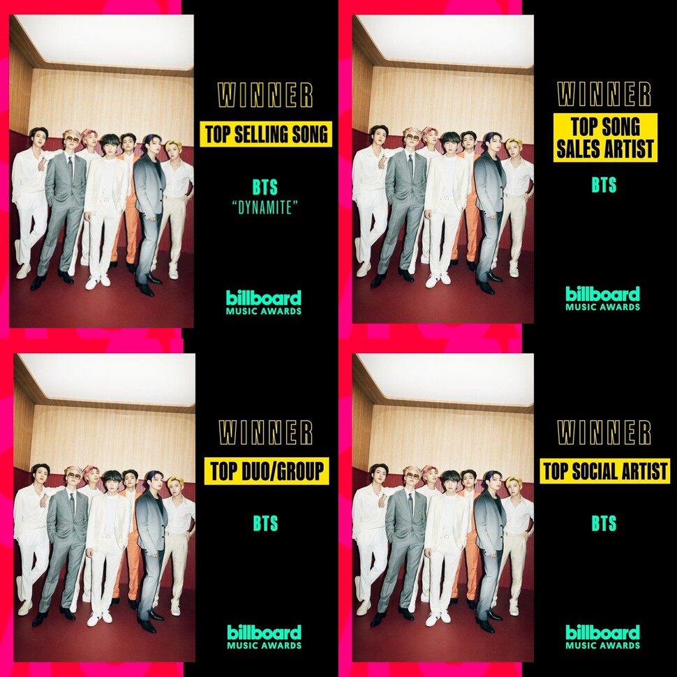 방탄소년단이 ‘2021 빌보드 뮤직 어워즈’에서 4관왕에 오르며 새 기록을 썼다. 빅히트뮤직 제공