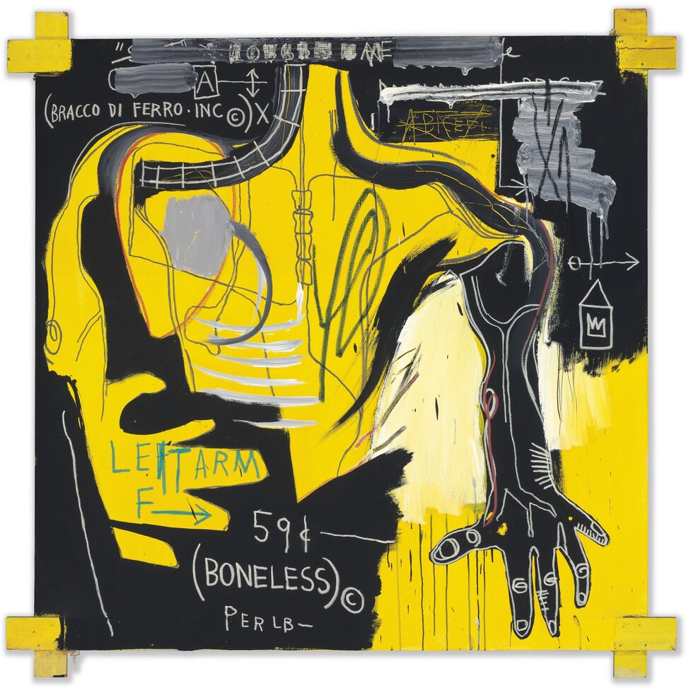 Untitled (Bracco di Ferro), 1983, Acrylic and oil stick on canvas mounted on woodsupports, 182.9×182.9cm © Estate of Jean-Michel Basquiat. Licensed by Artestar, New York Untitled (Bracco di Ferro), 1983, Acrylic and oil stick on canvas mounted on woodsupports, 182.9×182.9cm © Estate of Jean-Michel Basquiat. Licensed by Artestar, New York