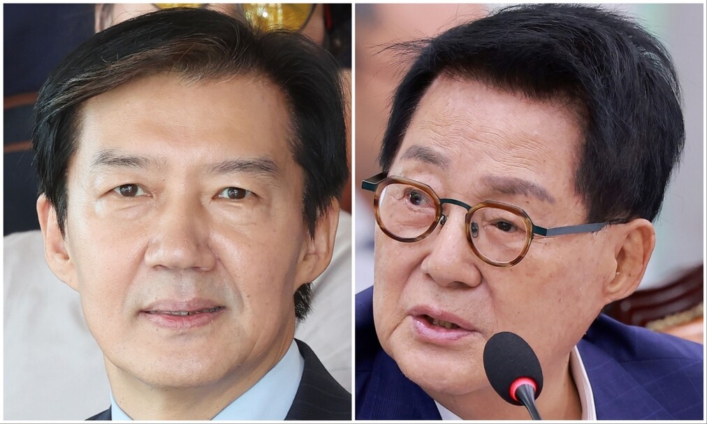 조국 조국혁신당 혁신정책연구원장과 박지원 더불어민주당 의원. 연합뉴스