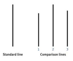 Line segments presented in Solomon Ash's experiment.  It was clear that number 2 of the comparison lines on the right had the same length as the first line, but when the majority pointed to numbers 1 and 3, many of the experimenters followed them and chose numbers 1 and 3 as answers.  Namu Wiki capture