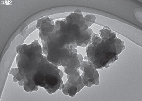 » 투과전자현미경(TEM)으로 더 확대해 들여다본 흡착물질. 둥근 형태의 덩어리가 집합체를 이루며 연속적으로 자란 것을 확인할 수 있다.한겨레 류우종