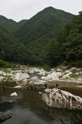 경북 울진군 왕피천 학소대 근처에서 물을 건너며 계곡 트레킹을 하고 있는 탐방객들.