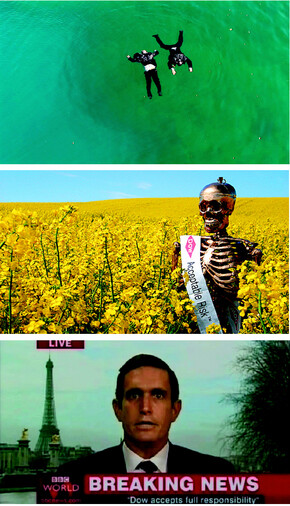 이들의 행적은 책(<예스맨 프로젝트>, 빨간머리 펴냄)과 다큐멘터리 두 편을 통해 널리 알려졌다. 다큐멘터리의 오프닝(왼쪽). 해골에 금칠을 한 ‘금순이’는 위험관리 프로그램 세미나에서 발표한 것으로, 위험관리를 통해 해골 바가지도 금바가지로 만드는 보험회사를 조롱하는 데 이용되었다(가운데). 앤디는 2004년 12월3일 영국 〈BBC〉생방송에 출연해 다우의 인도 보팔 참사 책임을 인정하는 대변인 성명을 발표했다(오른쪽).