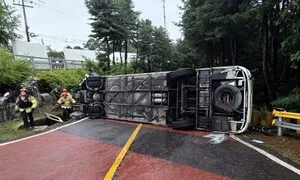 전망대 오르던 관광버스 재출발하다 뒤집혀…외국인 등 10명 부상