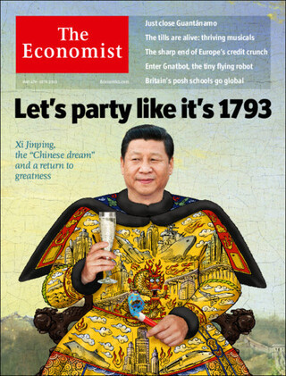 Uma capa de 2014 do semanário britânico The Economist retrata o presidente Xi Jinping como um imperador Qing.