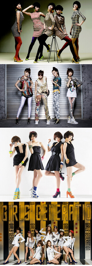 맨 위부터 원더걸스, 2NE1, 브라운아이드걸스, 소녀시대. 사진 한겨레 자료, YG 엔터테인먼트, 내가네트워크, 한국방송 제공