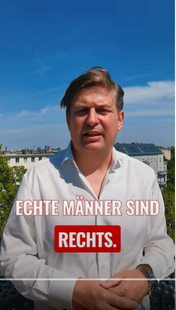 Maximilian Krah, a European Parliament member with the German far-right AfD party, in a video uploaded to his social media page. The German reads: “Real men are on the right.” (still from Krah’s social media)