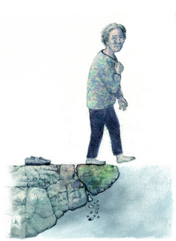 An illustration depicting an elderly woman who lives alone