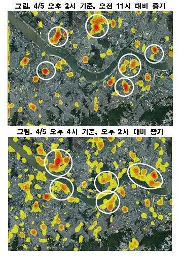 Data imaging of Seoul’s mobile population on Apr. 5. (Yonhap News)
